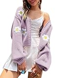 Arssm Y2K Womens Flower Cardigan Sweater Long Sleeve Knit Cropped Cardigan Open Front Cute Shrug Fall Sweater 90s Outfits(Purple-S)