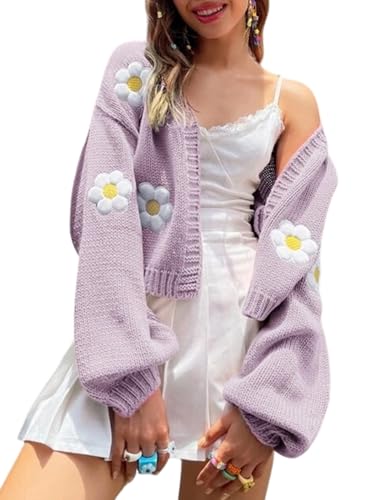 Arssm Y2K Womens Flower Cardigan Sweater Long Sleeve Knit Cropped Cardigan Open Front Cute Shrug Fall Sweater 90s Outfits(Purple-S)
