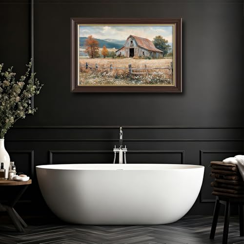 Image of Framed Vintage Farmhouse Canvas Art, Rustic Old Barn Autumn Landscape Canvas Prints Pictures, Countryside Wildflower Wall Decor for Living Room Bedroom Farmhouse Home Aesthetic