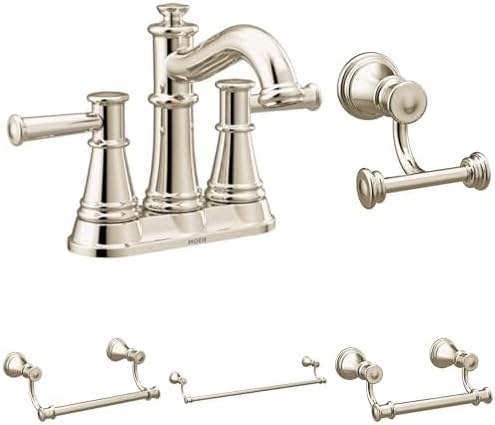 Moen Belfield Bathroom Set - Two-Handle Centerset Faucet with 24-Inch Towel Bar, 9-Inch Hand Towel Bar, Double Robe Hook & Pivoting Toilet Paper Holder in Polished Nickel