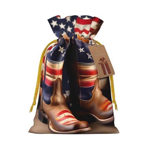 Longzehao Bolsas de regalo con cordón de Navidad con estampado de botas de vaquero con bandera estadounidense, bolsa de regalo para Navidad, vacaciones, fiesta de cumpleaños
