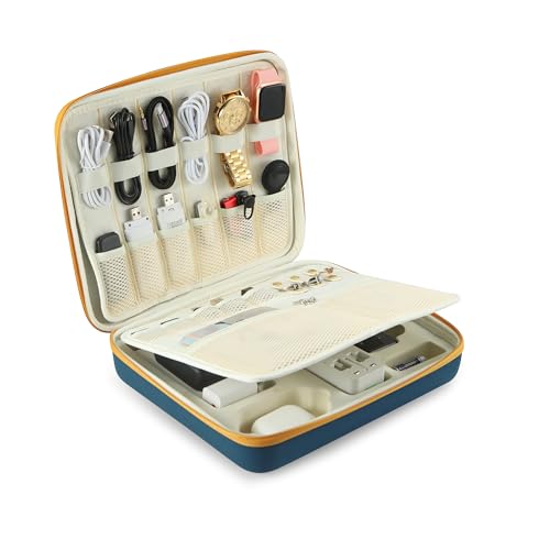 BCEPDCHR Electronics Travel Organizer Hard Tech Pouch Travel Essentials Bag for Power Bank, Chargers, Earbuds, Watches, USB Cables,Glasses, Documents, Earriings,Lapel Mic (Blue)