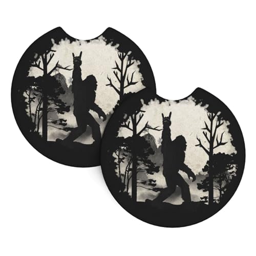 Sasquatch Bigfoot Trees Forest Car Coasters for Cup Holders Pack of 2 Neoprene Cup Mat Pad Vehicle Interior Accessories for Men Women