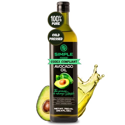 Simple Foods 100% Pure Avocado Cooking Oil - Mild Flavor and Cold Pressed | (1) 25.4 fl oz Glass Bottle | Non-GMO, Kosher, Avocado Oil for High Heat Cooking, Sauteing & Roasting