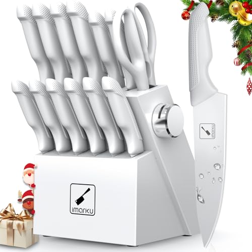 imarku Kitchen Knife Set, Japanese Knives Set for Kitchen, Stainless Steel Knife Set with Block, Kitchen Gadgets, White, Anti-Slip Handle, Dishwasher Safe, Christmas Gift for Women Men Grayi