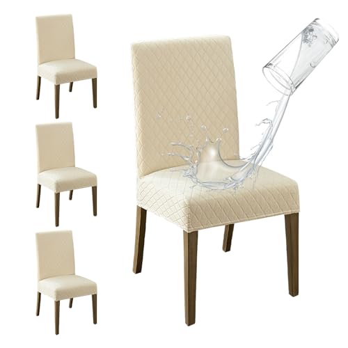 MOSAYT 100% Waterproof Dining Room Chair Covers Set of 4, Super Fit Stretch Jacquard Parson Chairs Slipcovers Removable Washable Chair Seat Protectors for Home, Kitchen, Banquet (Beige)