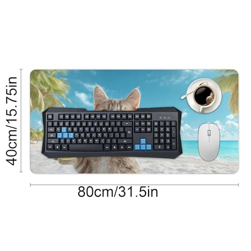 Image of Summer Cat Beach Extended Gaming Mouse Pad, with Stitched Edges Large Mouse Pad Desk Protector, Rubber Base Mousepad Keyboard Mouses Mat for Work Game Office Home- 32 inch X 16 inch Inch