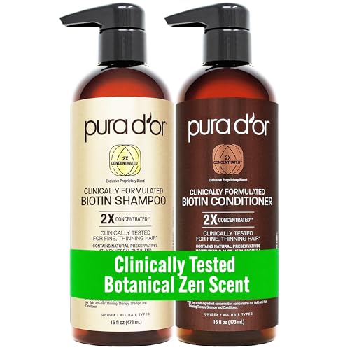 PURA D'OR Clinically Formulated Biotin Shampoo & Hair Regrowth Conditioner For Hair Thinning - 2X Concentrated Proprietary Thickening Blend For Women & Men, Sulfate Free, Botanical Zen Scent,16oz x2