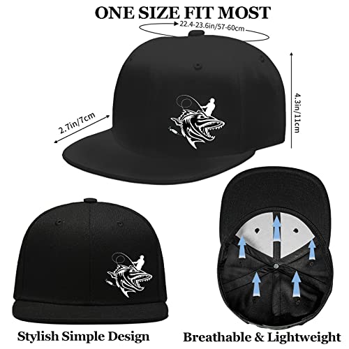 Snapback Hat For Men Fishbone Skull Hat Flat Bill Hat For Men Black Baseball Fitted Hats Hip Hop Rock Cool Wide Brim Skeleton Men Trucker Caps Adjustable Snap Back Sport Fishing Accessories Dad Hats #TOP1