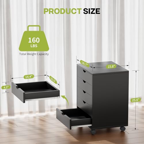 5-Drawer Chest, Office Storage Dresser File Cabinet with Wheels, Mobile Dresser for Home Office, Black - Thumbnail 2