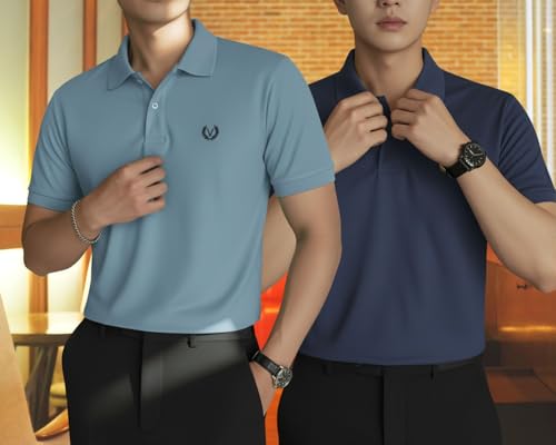 Image of MACK JONNEY Men's Solid Polo T-Shirt | Premium Cotton Blend | Regular Fit | Short Sleeve | Collared Casual Wear|Pack of 2 -MJ-157
