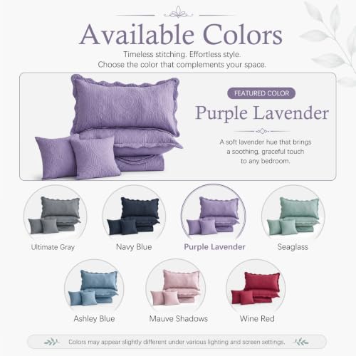 Image of HZ & HY Oversized Alaskan King Bedspread 138x122 Extra Wide, Embossed Damask Quilt Set, Lightweight Reversible Coverlet, Scalloped Edge - Soft Romantic Look, 5 Piece, Purple Lavender