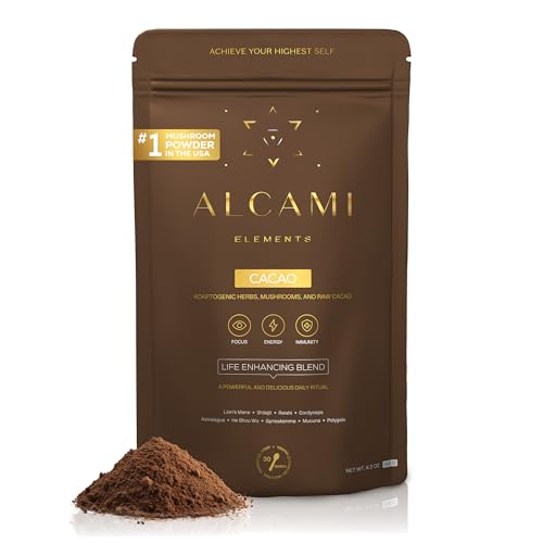 alcami elements Cacao Mushroom Coffee Superfood Blend, 10X Concentrated Extract, with Lion's Mane, Reishi & Cordyceps, Energy & Focus Support, 30 Servings, Premium Supplement Powder