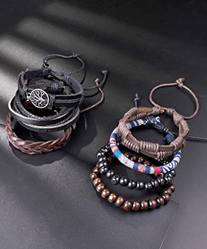 Akeoqi 12Pcs Braided Leather Bracelets Set For Men Women Wooden Beaded Cuff Wrap Bracelet Boho Ethnic Tribal Linen Hemp Cords Wrap Bracelets Adjustable Rainbow And Brown #TOP4