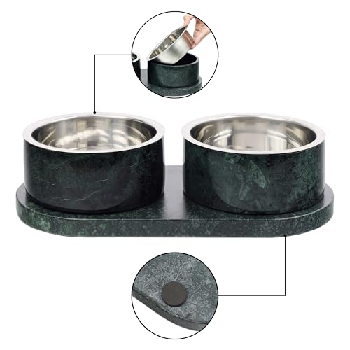 THE LICKER Store DBL1000A Marbre Small/Medium Modern Weighted Double Marble and Stainless Steel Bowl 12oz (1.5 Cups) Feeder with Non-Slip Marble Tray Set, Green by THE LICKER STORE - Image 3
