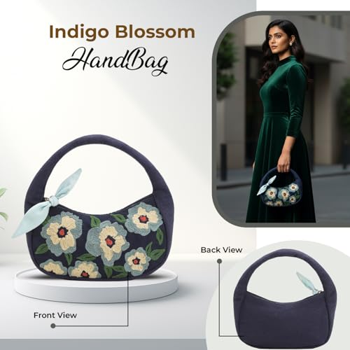 Image of Boho Girl Indigo Blossom Tote Bag - Navy Blue Floral Handbag for Women with Embroidered Flowers, Padded Handle & Ribbon Detail - Chic Shoulder Bag for Travel, Brunch