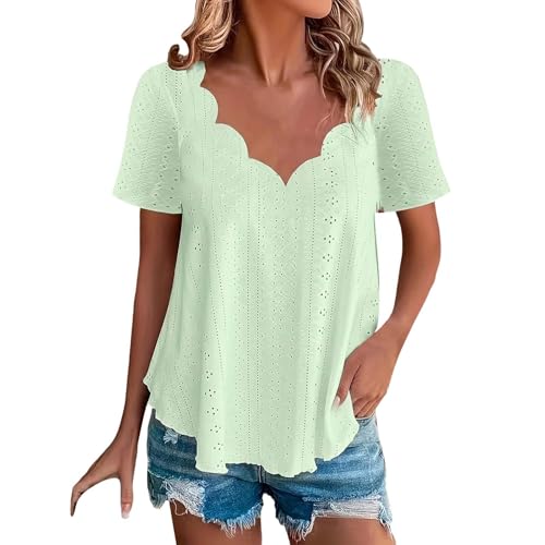 Image of Ladies T Shirts Ruffle Sleeve Eyelet Hollow Out V Neck Elegant Tops Dressy Casual Work Blouses (Z04-Mint Green, M)