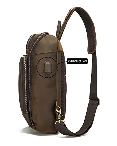 Taertii Vintage Full Grain Genuine Leather Sling Bag Crossbody Chest Shoulder Backpack Daypack Travel Hiking For 13.3 Inch Laptop - Brown #TOP4