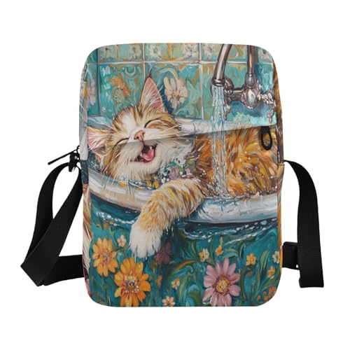 crossbody messenger bag over the shoulder bags for men Handbag For Travel Adjustable Strap for Shopping Shopping- Cute Norwegian Safari Cat Cats Retro Bathtub