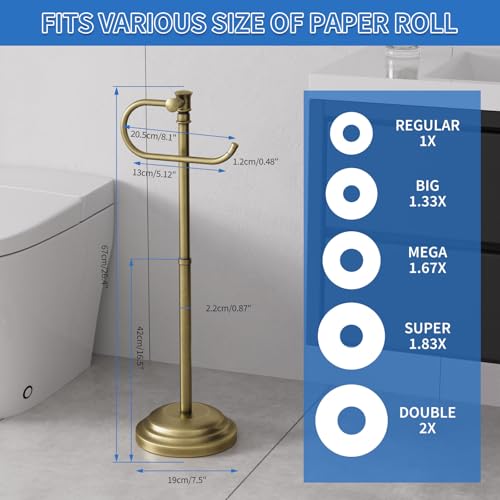 RUMOSE Toilet Paper Holder Stand for Floor,Antique Brass Adjustable (12.4" to 22.8") Bathroom Toilet Tissue Holder, Free Standing Paper Roll Holder with Storage, Stainless Steel by RUMOSE - Image 6