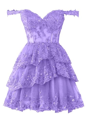 Homecoming Dresses Short for Teens 2025 Off Shoulder Sparkly Lace Tulle Tiered Corset Formal Mini Prom Dress