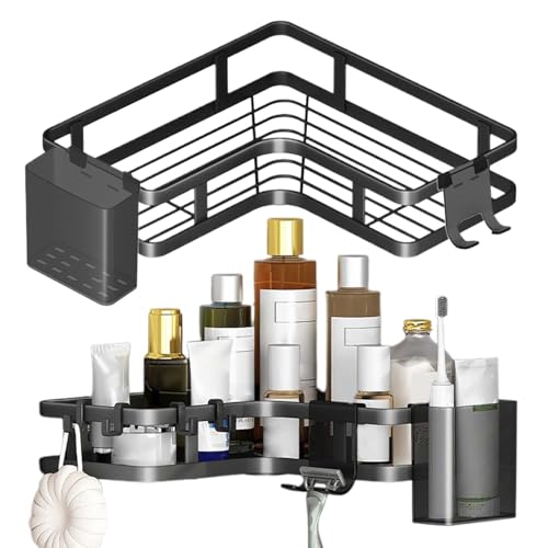 GDMDPTE Estante de Ducha de Pared | Estante de Esquina con Soporte para Cepillo de Dientes y Gancho. Soporta hasta 15 kg. Adhesivo Resistente a la corrosión. Juego de 2 Piezas para baño y