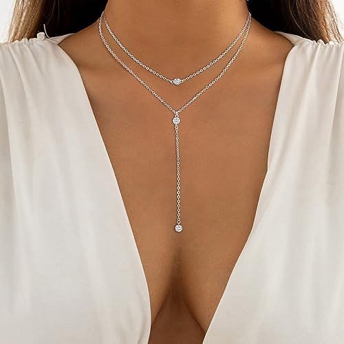 Lariat Gold Necklace for Women, 14k Gold Plated Dainty Long Layered Y Necklaces CZ Pendant Choker Necklace Simple Trendy Gold/Sliver Jewelry Gift for Women4