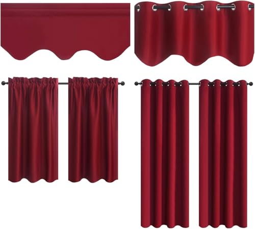 Aquazolax Window Valance Curtains for Living Room/Bedroom, Christmas Decorative Unique Scalloped Short Window Curtain Valance Set of 2 Panels, 52" Wide x 18" Length, Burgundy Red
