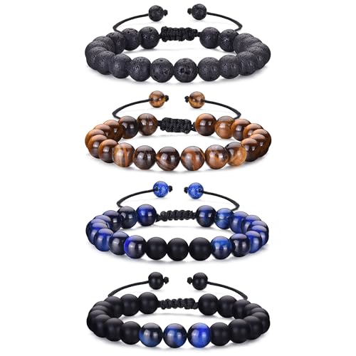 Image of MOROTOLE Mens Tiger Eye Beaded Bracelet, Black Natural Stone Bracelets for Men Lava Stone Bracelets for Men Women Teen Boys Gifts Anniversary Fathers Day Birthday Gifts for Boyfriend Brother