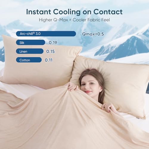 Image of Elegear Arc-Chill 3.0 Cooling Blankets for Hot Sleepers, Throw Size, Beige | Q-Max>0.5 Cooling Fabric, Absorbs Heat to Keep Body Cool, Breathable Summer Blankets for Night Sweats & Menopause, 51 inchx67 inch