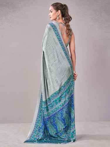Image of Satrani Women's Crepe Printed Saree with Unstitched Blouse Piece