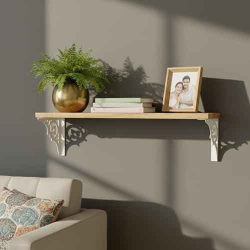 Image of Wall Shelf with Wooden Top Black|White Iron Brackets Storage Rack|Industrial Wall-Mounted Floating Shelf for Living Room,Kitchen,Bathroom (White Single Floral Large)
