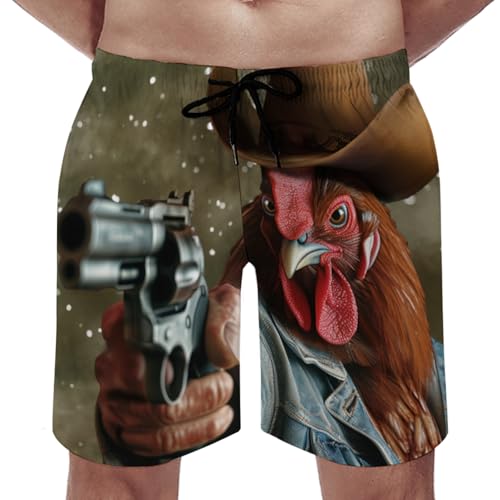 Funny Rooster Men's Swim Trunks Cool Chicken Summer Surfing Shorts Cowboy Hunter Drawstring Swimsuit with Pockets4
