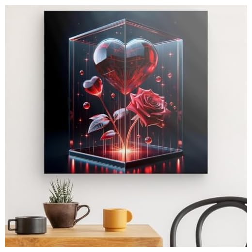 Lienzo decorativo para pared, diseño de corazón y rosa de cristal rojo, decored, sala de estar, hiperrealista, 3D #4 (60 x 60 cm)