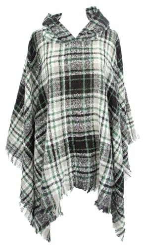 Rungion Women's Plaid Hooded Shawl Wrap Knitted Cape Poncho Pullover Hoodie Sweater Blanket Poncho with Fringes Winter Fall