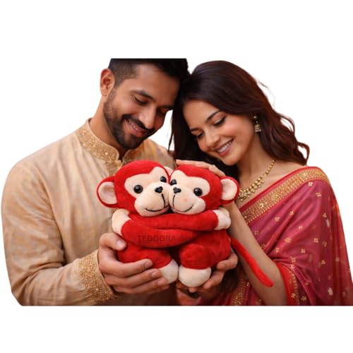 Image of Hugging Monkey Soft Toy for Girls Boys Kids,Red,Monkey Couple Animal Plush Stuffed Baby Teddy Gift Birthday, 20 cm