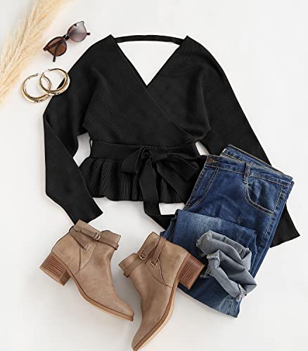 Image of ZESICA Women's Fall 2026 Wrap V Neck Long Batwing Sleeve Belted Waist Ruffle Knitted Sweater Pullover Top