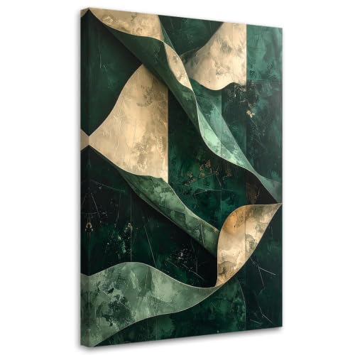 Pintura abstracta verde y oro con elegante efecto mármol para salón (50x70 cm)