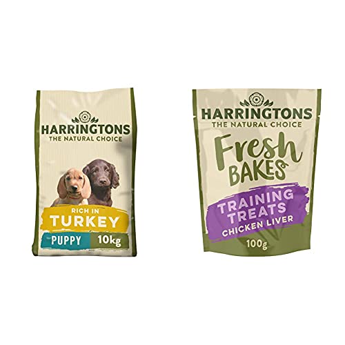 Harringtons Complete Dry Puppy Food Rich In Turkey & Rice 10 Kg & Fresh Bakes Chicken Liver Dog Training Treats, 100g, Pack of 9
