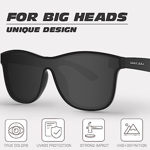 MAXJULI Polarized Trendy Sports Sunglasses for Big Heads Men Women One Piece Oversized Sun Glasses 8206(Black+Grey)3