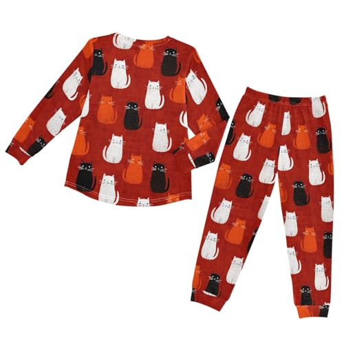 Cats on Red Background Soft Pajama Set for All Seasons,Breathable Pjs Long Sleeve Sleepwear,Comfy Loungewear 2 Piece Underwear Set 3T2