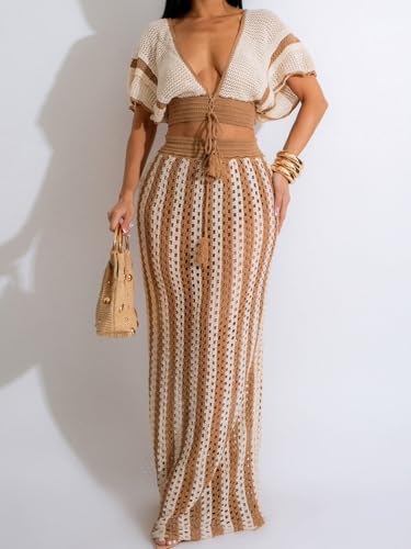 KANSOON Crochet Skirt Sets Women 2 Piece Outfits Knit Striped Hollow Out Short Sleeve V Neck Drawstring Top Maxi Skirts Set2