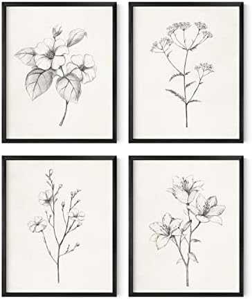 HAUS AND HUES Gray Floral Wall Art, Set of 4 Plant Posters for Wall Vintage Botanical Prints Black and White Flower Pictures for Room Aesthetic, Farmhouse Bathroom,