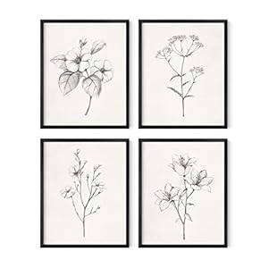 HAUS AND HUES Grey Floral Wall Art – Set of 4 Plant Posters for Wall Vintage, Botanical Prints, Black and White Wall Art Flower Pictures for Room Aesthetic, Farmhouse Bathroom Art (8×10, Unframed)