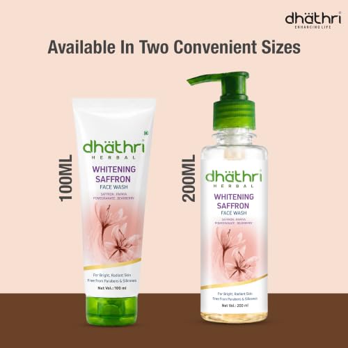 Image of Dhathri Herbal Whitening Face Wash with Saffron, Pomegranate, Bearberry & Papaya for Radiant & Glowing Skin | Lightens Dark Spots & Reduces Blemishes | Paraben & Alcohol Free for All Skin Types, 200ml