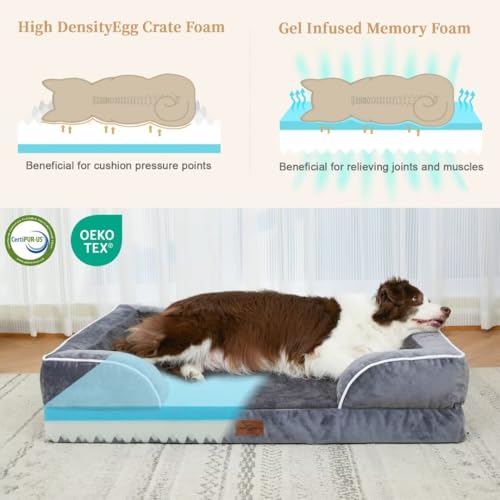 Comfort Expression Cooling Dog Bed for Large Dogs, Memory Foam Orthopedic Dog Bed, Waterproof Dog Beds, Washable Dog Bed with Removable Cover,Pet Bed Dog Sofa with Bolster(Large,Leaden Grey)