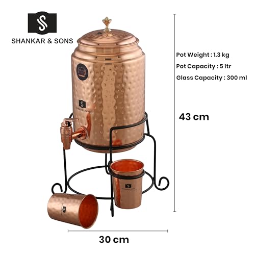 Image of SHANKAR & SONS 5 Litre Copper Water Dispenser Pot with Black Iron Stand and 2 Glasses | Hammered Texture, BPA Free, Non-Toxic with Added Health Benefits Traditional Matka for Drinking Water