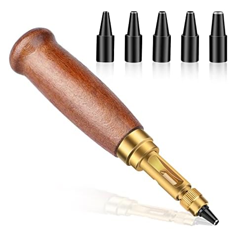 TLKKUE Adjustable Leather Hole Punching Tool Automatic Puncher with Wooden Handle Hollow Hole Punch with 6 Tips Size (1.5mm/2mm/2.5mm/3mm/3.5mm/4mm) for Leather Belt, Bag, Wristband Cover