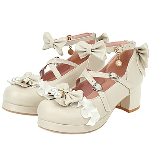 LUXMAX Women Lolita Cosplay Shoes Cross Strap Block Heel Mary Jane Lace Pumps