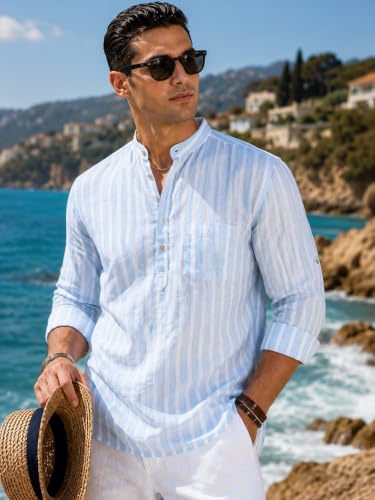 Image of Majestic Man Men's Pure Cotton Striped Mandarin Collar Slim Fit Roll-Up Sleeves Short Kurta